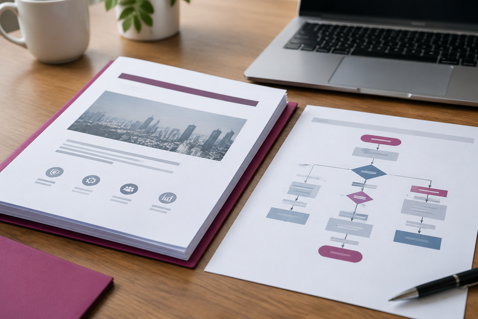 Backup & continuity Printed business continuity plan with flowchart pages on a desk
