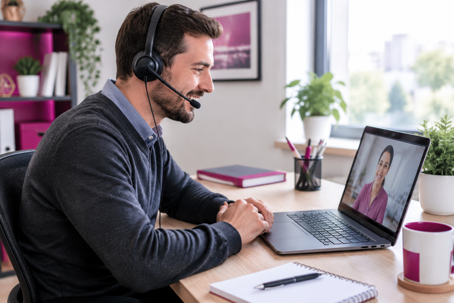 IT support consultant with a headset helping a small business client remotely